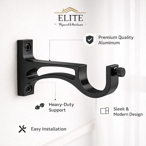 Image of Elite Aluminum Curtain Rod Brackets - Heavy-Duty Wall Mount Clamps for Curtain Rod Support for Door and Window Curtain Rods with Screw and Wall Plug - Pack of 2PCS (Black ARC)