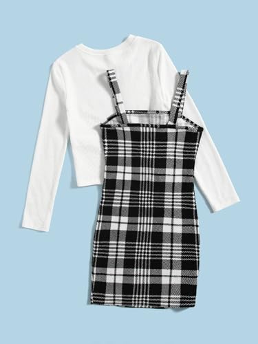Milumia Girl's Two Piece Outfit Plaid Spaghetti Strap Cami Dress and Top Tee Set2