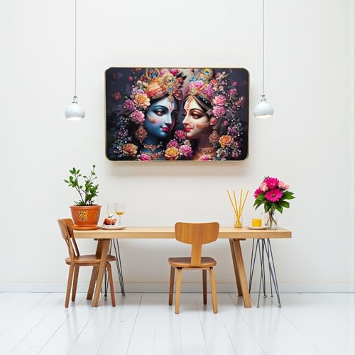 Image of Masstone Spritual Painting Radha Krishna Crystal Embedded Big Frame for Home Decor | Premium Gloss Finish | Gold Slim Frame Wall Art | Ready to Hang (1218-CRG03)