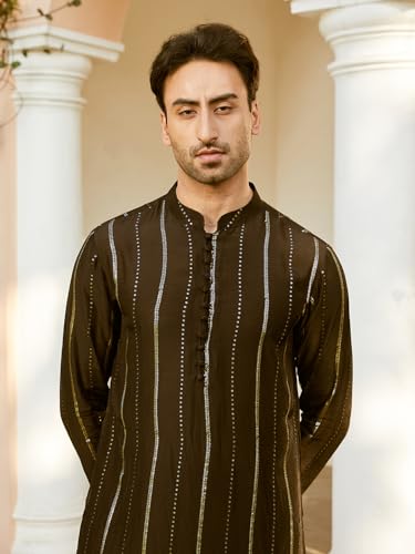 Image of See Designs Men Full Sleeve Chanderi Silk Sequins Mandarin Collar Side Slit Kurta With Pyjama