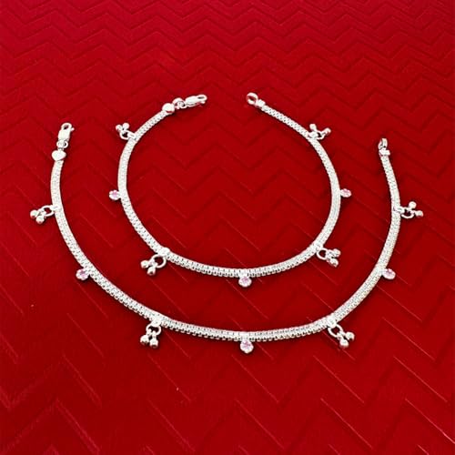 Image of Duel On Jewel 925 Sterling Silver Anklet for Women, Payal Pair, Dainty Chain Anklets Set, 10 Inch Lightweight Foot Jewelry, Minimalist Elegant Design, Wedding, Festive, Everyday Gift for Women