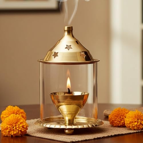 Ein Sof Akhand Diya for Puja - Decorative Brass Oil Lantern with Glass Cover, Gold Lamp Tea Light Holder, Diwali & Christmas Pooja Gift Item, Medium Size