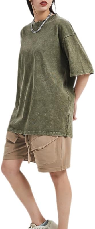 5 Pcs Oversized T-Shirts Heavyweight Cotton Vintage Wash Solid Casual Crew Tee Tops Workout Tshirts for Man Women