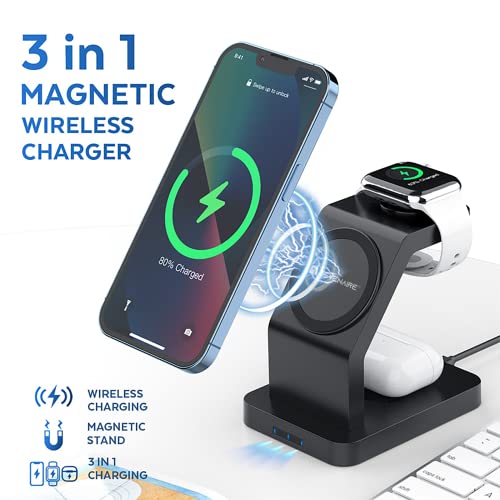 Image of Sevenaire MagCharge D1870 3 in 1 Wireless Charger | Mag-Safe |Charging Dock| 23W Fast Charge| Compatible with Mag-Safe for iPhone 16 to 12 Series | iWatch 10,9,Ultra,8,7,SE,6,5,4 | Air-Pods (BLK)