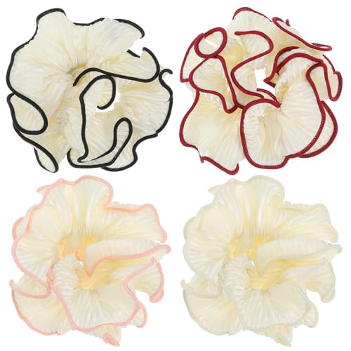 LXUEJIE 4 Pcs Oversized Puffy Hair Scrunchies Multicolor Elastic Jumbo Puffy Hair Scrunchy Double Layer Pleated Ruffle Stain Hair Ties for Women Girls Thick Curly Hair (4 Color A)