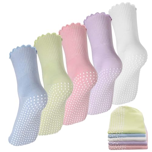Geyoga 5 Pairs Unisex Non Slip Socks Anti Skid Pilates Socks Yoga Socks for Men Women Workout Barre Home (Lacy)