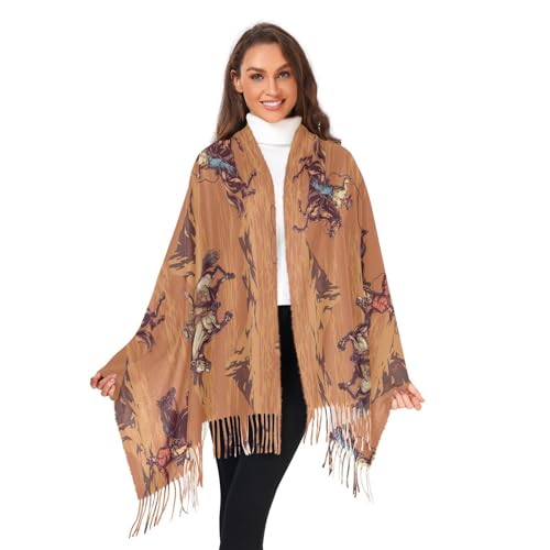 VIGTRO Cashmere Feel Women Wrap Pashmina Shawl Equestrian Rodeo Colorful, Male Cowboys Horses Winter Warm Long Scarf with Tassels for Evening Dress & Wedding