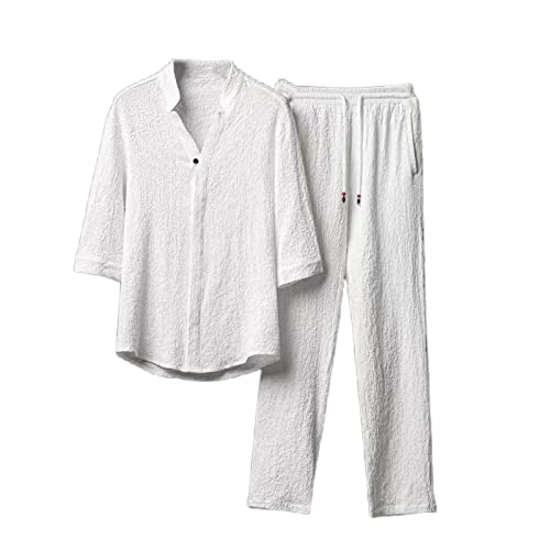 Mens 2 Pieces Linen Set Summer Outfits Casual Beach Button Down Shirt Short Sleeve Casual Loose Yoga Pant Sets