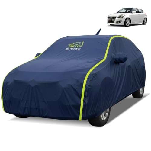 Image of FABTEC Waterproof Car Body Cover for Maruti Swift (2012-2017) Outdoor /Indoor All Weather Protection with Mirror & Antenna Pocket Triple Stitched (Premium Navy Blue with Neon Piping)