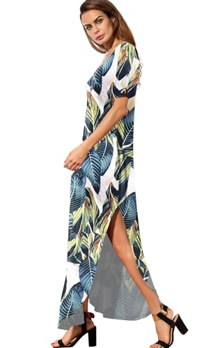 Image of GRECERELLE Women's Summer Maxi Dress Casual Loose V Neck Short Sleeve Side Split Long Dresses with Functional Pockets