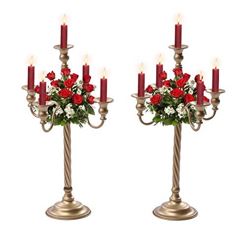 2 Pack Gold Candelabra Tall Candlestick, Candle and Floral Metal Candle Holders, Candle Holders Table Centerpiece, Metal Candle Holders Table Centerpiece for Wedding Party Event Room