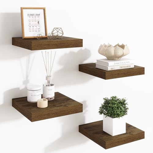 Fun Memories Floating Shelves for Wall - 7.5 Inch Square Shelves with Invisible Brackets, Brown Small Wall Shelf for Living Room, Bathroom, Bedroom, and Kitchen Decor Set of 4