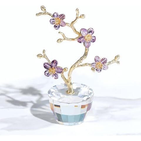 Ornalrist Crystal Purple Plum Blossom Flowers with Golden Metal Flower Stem Friends Women Birthday, Glass Figurines Collectible Home Table Decor Cover