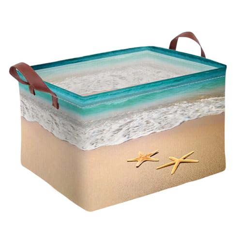 Beach Starfish Storage Basket Waterproof Canvas Toy Storage Bin Beach Room Decor Collapsible Outdoor Basket with Leather Handles Beach Decor Blanket Baskets For Closets,Bedrooms,Gifts Baskets