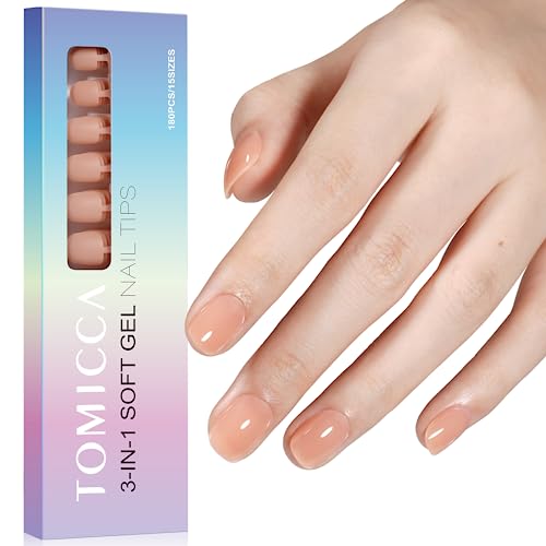 Tomicca Extra Short Oval Nail Tips, Soft Gel Acrylic Press On Nails With 3 In 1 X Coat Nails, Color Nail Tips Full Cover And Preformed Full Base Coat For Beginners - 180Pcs Light Nude #TOP17