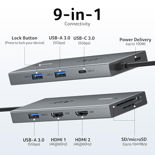 Acer Docking Station Dual HDMI, 9IN1 Hub USB C a 2 HDMI 4K@60Hz, USB-A&C 5Gbps, 100W PD, lettore di schede SD/TF, multiport per 2 schermi, Dell, Chromebook, MacBook Air/Pro ecc. - Immagine 1