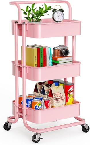 Image of Pipishell 3 Tier Mesh Utility Cart, Rolling Metal Organization Cart with Handle and Lockable Wheels, Multifunctional Storage Shelves for Kitchen Living Room Office Pink