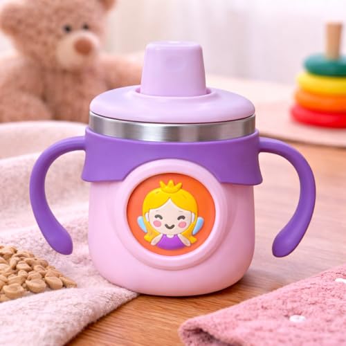 Image of THE LITTLE LOOKERS Stainless Steel Sipper Bottle 260ml | 316 Grade SS | BPA Free | Suitable for Hot & Cold | Travelling Bottle for Kids & Toddler | Training Sippy Cup with Straw /Spout(Purple)