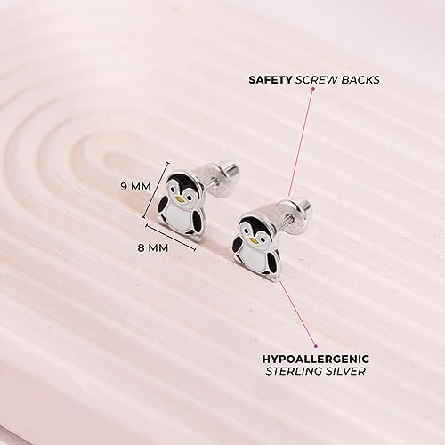 925 Sterling Silver Black Enamel Penguin Screw Back Earrings For Toddlers & Little Girls - Fun Penguin Earrings For Young Girls Birthday - Colorful & Fun Animal Earrings For Young Girls4
