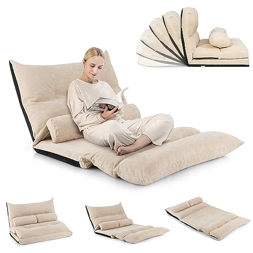 RELAX4LIFE Chauffeuse 2 Personnes Pliable en Velours Glacé Dossier Réglable de 90 ° à 180 ° avec 2 Oreillers, Fauteuil Couvertible Cadre Métallique Charge Max 150 KG (Modèle 4, Beige)
