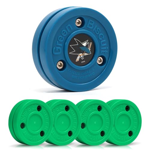 Image of Green Biscuit 4-Pack Snipe New 2.0 Off Ice Hockey Pucks with 1 NHL Puck, Street Hockey Puck for Stickhandling and Shooting Practices - Official (San Jose Sharks)
