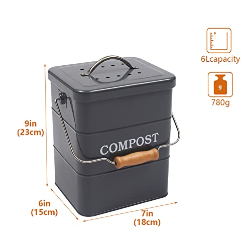 ayacatz Metall komposteimer mit Deckel Küche biomülleimer Arbeitsplatte und Unterschrank Mini komposter, 6L biomülleimer küche klein, Behälter compost bin mit Kohlefilter -(Grau ) - Image 8