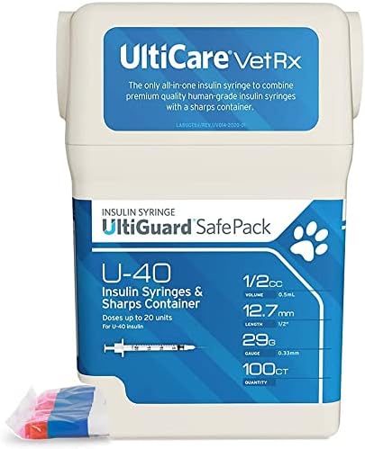 UltiCare VetRx U-40 UltiGuard Safe Pack Pet Insulin Syringes 1/2cc, 29G x 1/2", 100 ct (Without 1/2 Unit Markings)