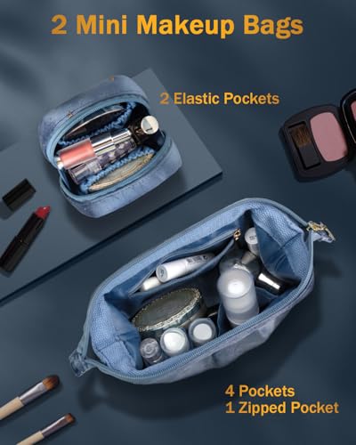 Wedama Makeup Bag Gift for Women, Double-layer Cosmetic Bag with Jewelry Storage and Brush Holder 3 Pcs Velvet Makeup Organizer Bag Gift Set Travel Toiletry Bag for Women Girls, Blue3