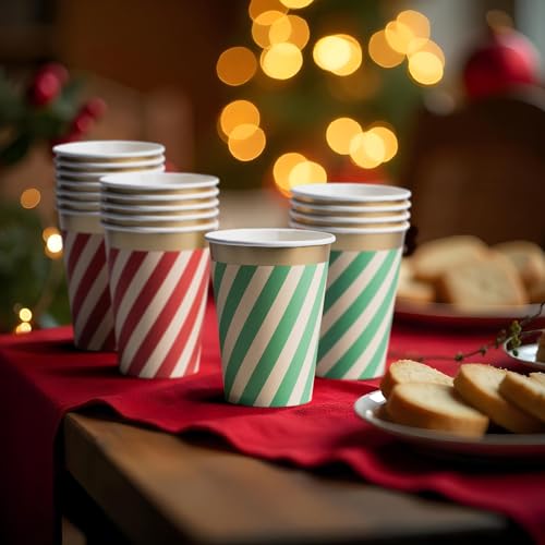 Image of Confettiville Disposable Paper Coffee Cups, Bulk 50-Pack, Christmas Party Supplies Treat Cups, 12 oz Hot and Cold Cups for Restaurants and Parties, Red and Green Diagonal Stripes, Gold Foil