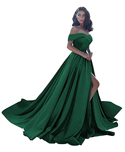 Dark Green Ball Gown,Off The Shoulder Satin Prom Dress Ball Gowns for Women Formal Long Evening Gowns with Pockets 28W