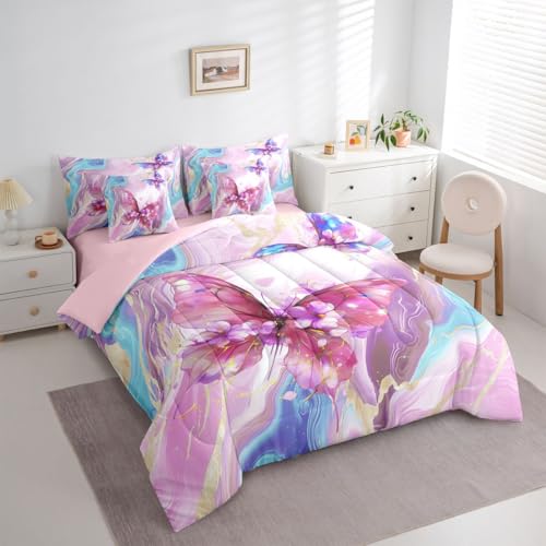 Image of Floral Marble Butterfly 7 Pieces Bedding Set Twin,Pink Blue Tie Dye Bed in a Bag,Elegant Marble Texture Bed Set Includes Comforter,Sheet Set,Pillowcases & Pillow Covers,Modern Aesthetic Bedroom Decor