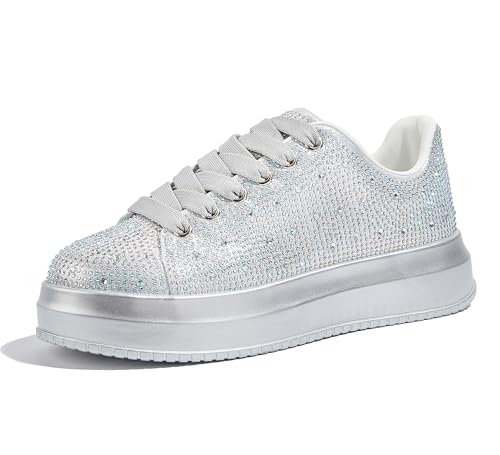 Image of LUCKY STEP Rhinestone Sneakers for Women Platform Sparkly Glitter Bling Tennis Shoes Fashion Bedazzled Wedding Bridal Party Walking Sneakers