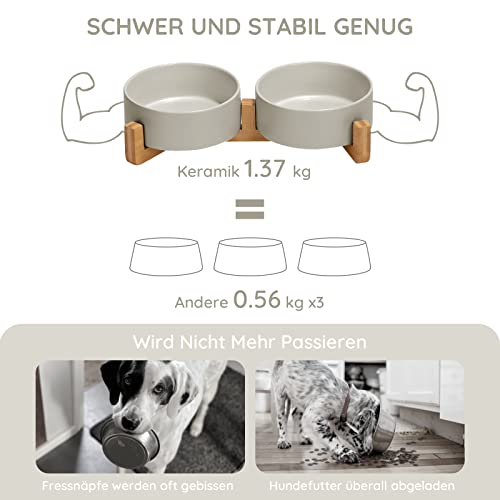 SPUNKYJUNKY Hundenapf Keramik Doppel Hund Futternapf mit Bambus Ständer für Katzen und Hunde (400ml, 2-Grau)
