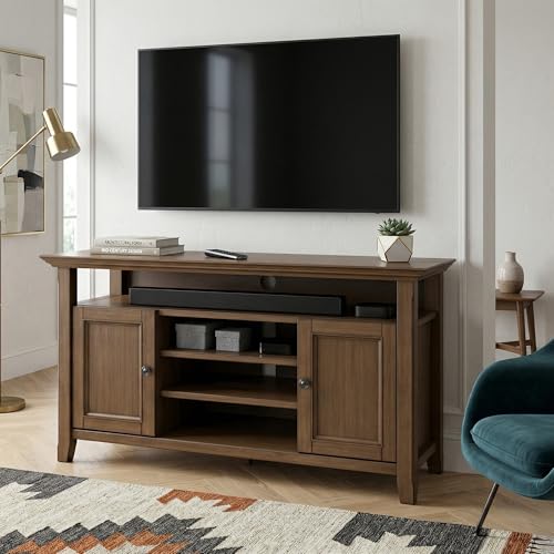 Image of SIMPLIHOME Amherst 72 inch Wide Solid Wood TV Stand in Fog Grey