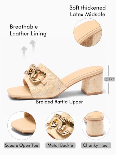 Image of Coutgo Womens Raffia Slide Sandals Chunky Block Heeled Square Open Toe Metal Chain Slip on Mules Dressy Shoes