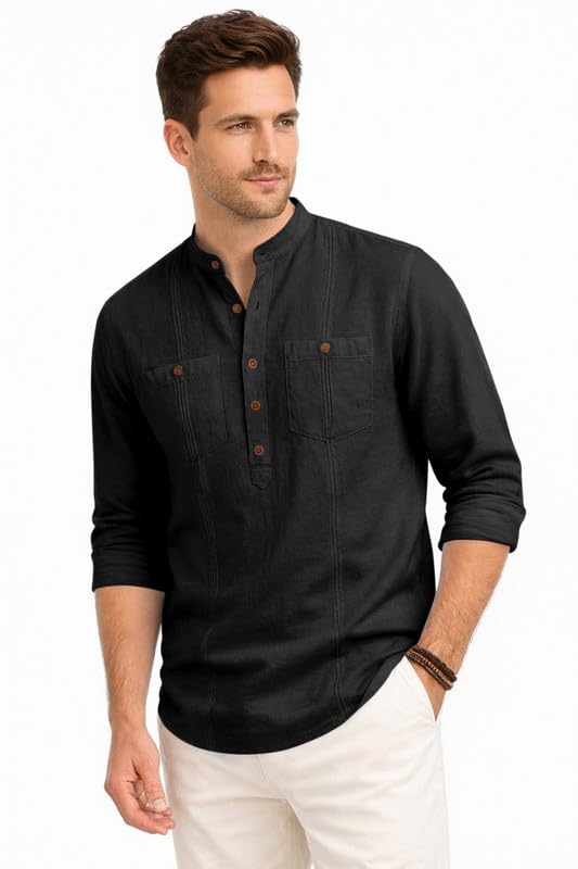 Image of ROYALSCOUT Men's Cotton Polyester Blend Kurta Style Shirt with Mandarin Collar, Half Button Placket, Dual Chest Pockets, Long Sleeve Casual Ethnic Fusion Wear for Office, Festive and Daily Use