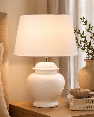 Image of Homesake Ceramic Table Lamp for Living Room & Bedroom | Modern White Bedside Night Lamp with Fabric Shade | Decorative Lighting for Home Decor, Reading & Study, Warm Light, Pack of 1