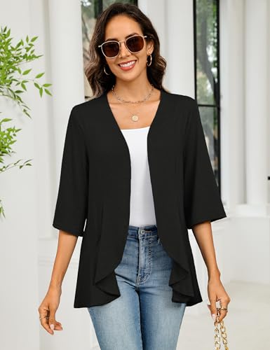 Totatuit Womens 3/4 Sleeve Lightweight Cardigan Open Front Kimono Summer Ruffle Loose Cardigans2