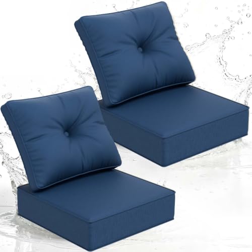 Image of DoCred Set of 2 Outdoor Chair Cushion, 6 inch Thick Patio Seat Cushion, Blue | 28D High Density Sponge Cushions & 7 inch Back Pillows with Fade and Water Resistant Cover for Patio Furniture Sofa Bench Swing