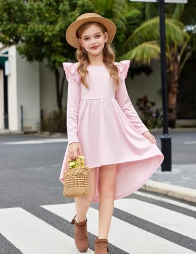 Arshiner Girls Dresses Ruffle Long Sleeve High Low Flowy Swing Casual Party Dresses with Pockets for 5-12 Y4