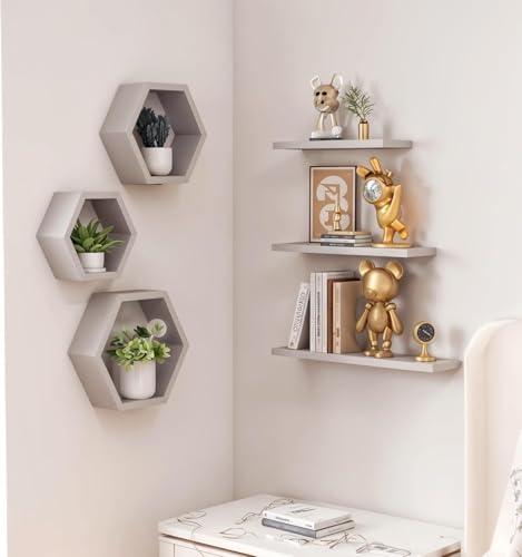 Image of Dream Decor Shoppee Engineered Wood Woden Hexagonal Shape Wall Hanging Rack Floating Shelves for Display for Photos,Plants Living Room, Bedroom,Bathroom, Kitchen, Office (Grey)
