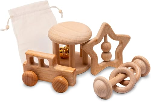 Riuuyyi 木のおもちゃ ガラガラ ラトル ミニカー 4点セット 無塗装 天然木 オーガニック カミカミ 出産祝い ギフト プレゼント (星)