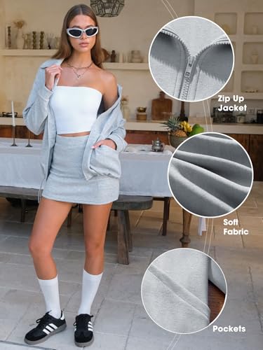 EXLURA Womens 2 Piece Sets Workout Zip Up Sweatshirts Matching Skort Skirt Sweatsuits Sweat Set Fall Tracksuit Pockets 20253