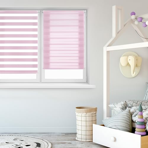 Blindecor Indus SIN HERRAMIENTAS | Estor Enrollable Sin Taladrar de Doble Capa | Color Rosa 140 x 180 cm (ancho x largo) | Tamaño de la Tela 137 x 175 cm
