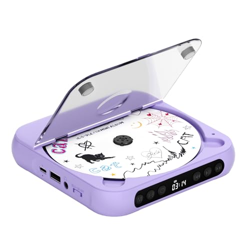 ENVYCLOUD CD Player Portable with Dual Stereo Speakers, Rechargeable Portable CD Player with Bluetooth for Home with Headphones, Support CD/AUX/USB, Purple