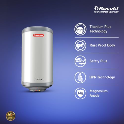 Image of Racold CDR DLX 10L Vertical ABS Body 5 Star Water Heater (Geyser) - 7 Yrs Tank Warranty, Corrosion Prevention With Superior Titanium Enameled Tank Coating | Free Standard Installation & Pipes