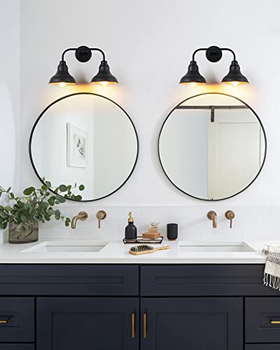Image of 18-Inch 2-Light Farmhouse Bathroom Vanity Light Over Mirror, Black | Rustic industrial style, metal construction, 2 E26 sockets, 60W max each, dimmable, 7.08 in. shades, bathroom mirror, bedroom