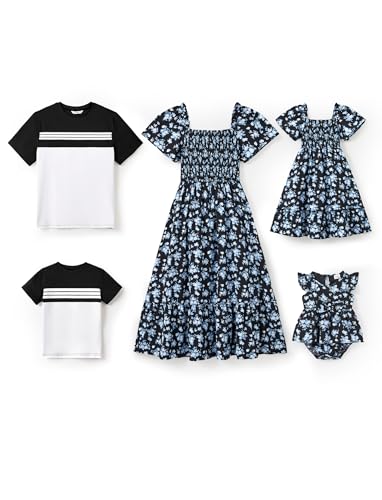 Image of PATPAT Family Matching Outfits Mommy and Me Dresses Floral Dress & T-Shirts | Mommy and Me Easter Dresses, Puff Sleeve Floral Sundress, Cotton Blend T-shirts, Couples Party Wedding Vacation Outfits