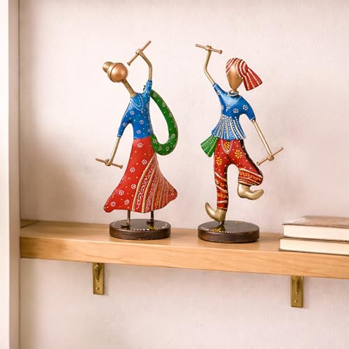 Image of CraftVatika Metal Gujrati Couple Dancing Showpiece for Home Decor, Gift Items, Multicolor, 13.3 x 6 x 4 Inches