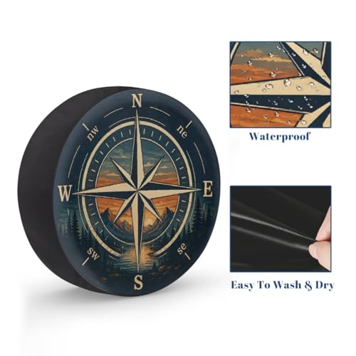 Image of Retro Mountain Compass Spare Tire Cover Wheel Covers Protectors Waterproof Dust-Proof Universal Fit Trailer, RV, SUV and Many Vehicle 17 Inch,C-07